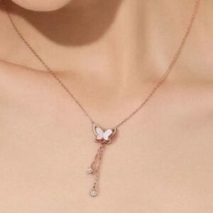 WDM Butterfly Pendant Sterling 925 White Gold Plated Adjustable Chain with CZ